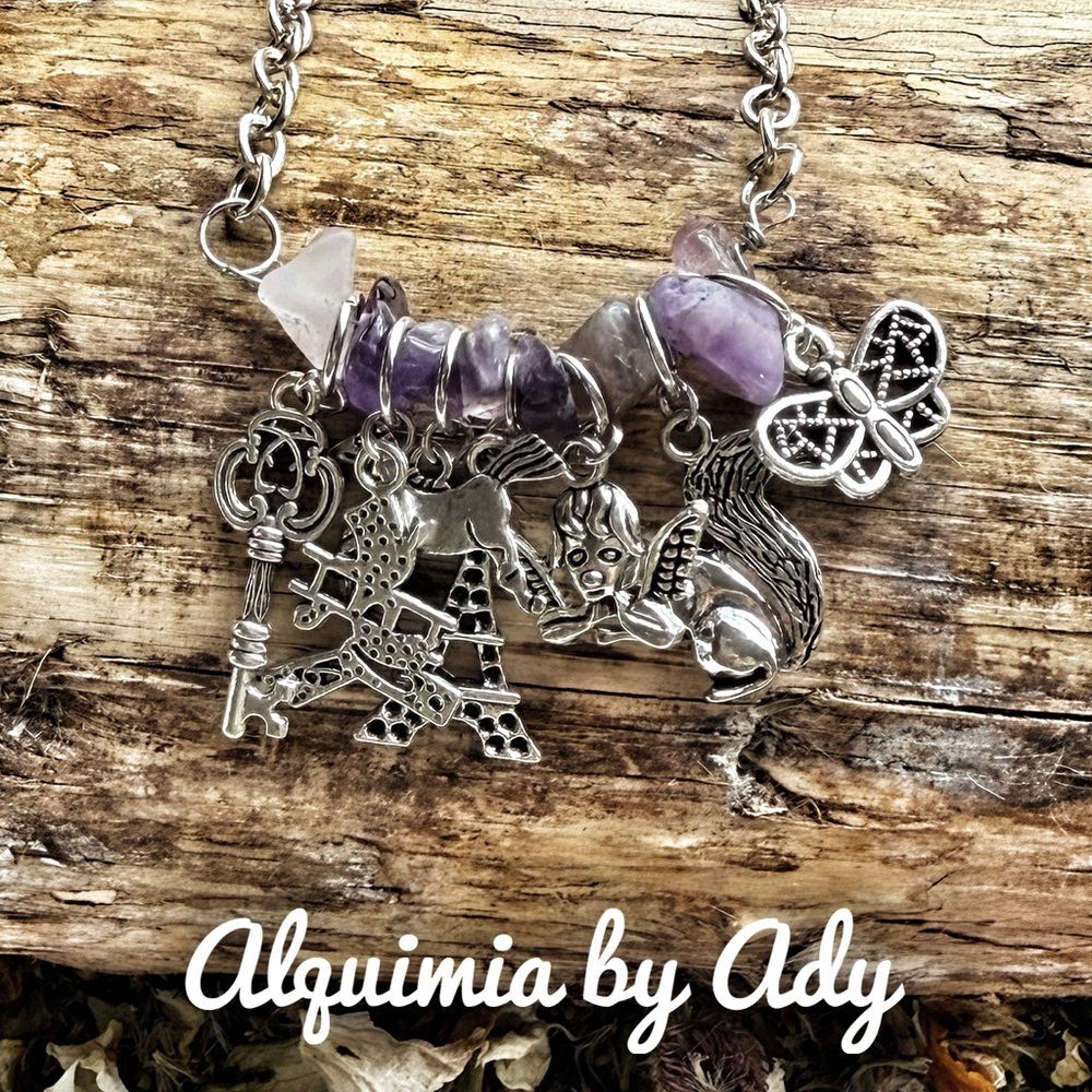 Statement silver charms necklace with amethyst